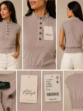 FREE PEOPLE- Women's Grey Short-Sleeve Mock Neck Button Top